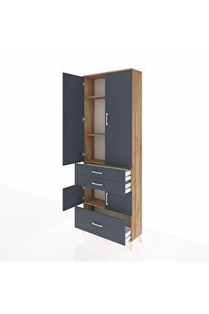 Arges Dolap 4 Raflı 3 Çekmeceli 4 Kapaklı 88x30x243 Çam-Antrasit