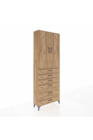 Arges Dolap 3 Raflı 6 Çekmeceli 2 Kapaklı 88x30x243 Çam-Çam