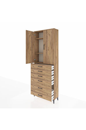 Arges Dolap 3 Raflı 6 Çekmeceli 2 Kapaklı 88x30x243 Çam-Çam