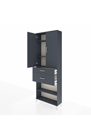 Arges Dolap 4 Raflı 2 Çekmeceli 2 Kapaklı 88x30x243 Antrasit-Antrasit