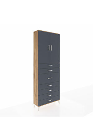 Arges Dolap 3 Raflı 7 Çekmeceli 2 Kapaklı 88x30x243 Çam-Antrasit