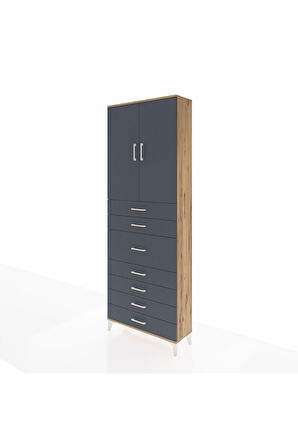 Arges Dolap 3 Raflı 7 Çekmeceli 2 Kapaklı 88x30x243 Çam-Antrasit