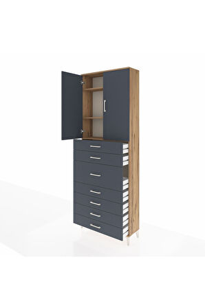 Arges Dolap 3 Raflı 7 Çekmeceli 2 Kapaklı 88x30x243 Çam-Antrasit