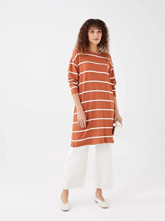Bisiklet Yaka Çizgili Uzun Kollu Oversize Kadın Sweatshirt Tunik