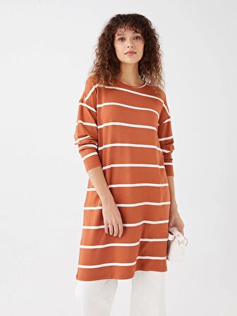 Bisiklet Yaka Çizgili Uzun Kollu Oversize Kadın Sweatshirt Tunik