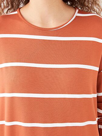 Bisiklet Yaka Çizgili Uzun Kollu Oversize Kadın Sweatshirt Tunik