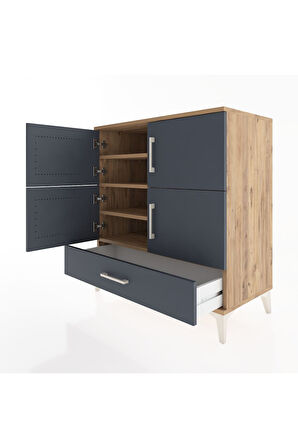 Hyperion Şifonyer 4 Raflı Tek Çekmeceli 4 Kapaklı 88x44x96 Çam-Antrasit