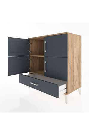 Hyperion Şifonyer 2 Raflı Tek Çekmeceli 4 Kapaklı 88x44x96 Çam-Antrasit