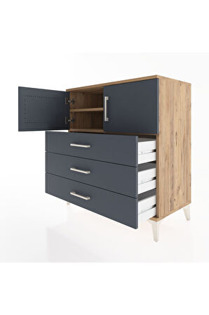 Hyperion Şifonyer 2 Raflı 3 Çekmeceli 2 Kapaklı 88x44x96 Çam-Antrasit