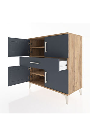 Hyperion Şifonyer 3 Raflı Tek Çekmeceli 4 Kapaklı 88x44x96 Çam-Antrasit