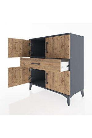 Hyperion Şifonyer Tek Raflı Tek Çekmeceli 4 Kapaklı 88x44x96 Antrasit-Çam