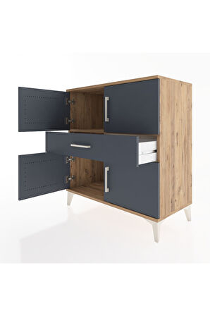 Hyperion Şifonyer Tek Raflı Tek Çekmeceli 4 Kapaklı 88x44x96 Çam-Antrasit