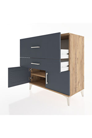 Hyperion Şifonyer Tek Raflı 2 Çekmeceli 2 Kapaklı 88x44x96 Çam-Antrasit