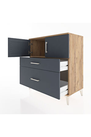 Hyperion Şifonyer Tek Raflı 2 Çekmeceli 2 Kapaklı 88x44x96 Çam-Antrasit