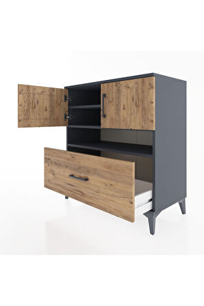 Hyperion Şifonyer 3 Raflı Tek Çekmeceli 2 Kapaklı 88x44x96 Antrasit-Çam