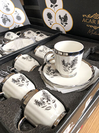 Acar Melody 6 Kişilik Porselen Kahve Fincanı Takımı 90 ml 5142 Silver Model-3