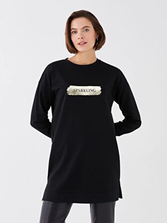 Bisiklet Yaka Baskılı Uzun Kollu Kadın Sweatshirt Tunik