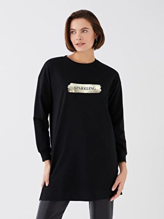 Bisiklet Yaka Baskılı Uzun Kollu Kadın Sweatshirt Tunik