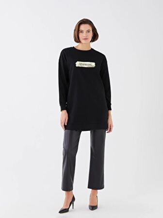 Bisiklet Yaka Baskılı Uzun Kollu Kadın Sweatshirt Tunik