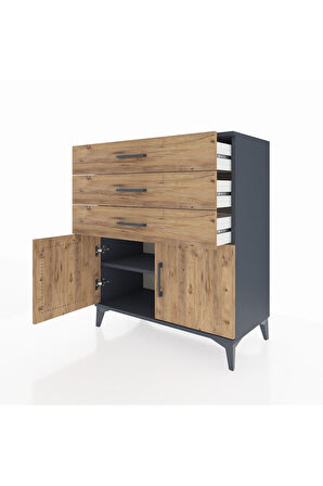 Hyperion Şifonyer Tek Raflı 3 Çekmeceli 2 Kapaklı 88x44x106 Antrasit-Çam