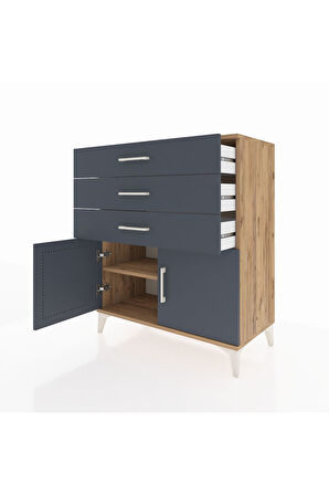 Hyperion Şifonyer Tek Raflı 3 Çekmeceli 2 Kapaklı 88x44x106 Çam-Antrasit