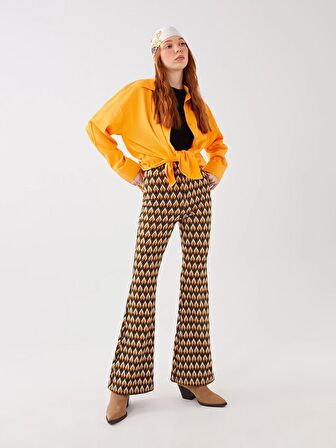 Kadın Beli Lastikli Desenli İspanyol Paça Pantolon