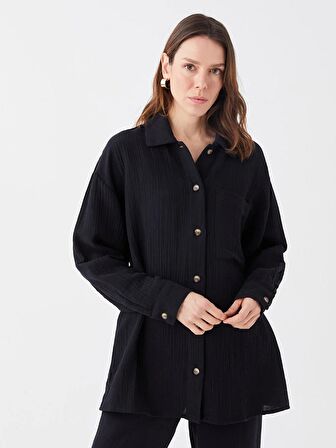 Düz Uzun Kollu Oversize Müslin Kadın Gömlek Tunik