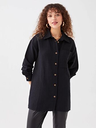 Düz Uzun Kollu Oversize Müslin Kadın Gömlek Tunik
