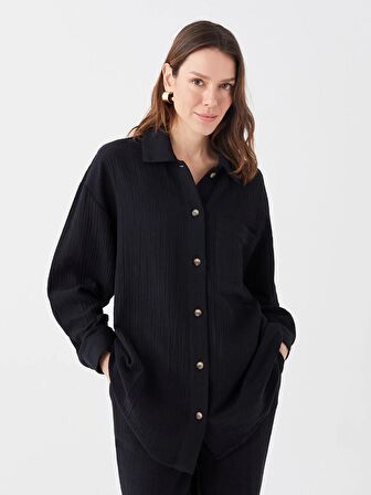Düz Uzun Kollu Oversize Müslin Kadın Gömlek Tunik