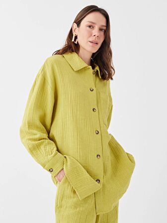 Düz Uzun Kollu Oversize Müslin Kadın Gömlek Tunik