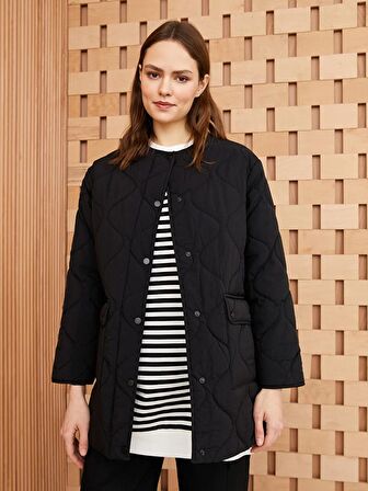 Kadın Bisiklet Yaka Kendinden Desenli Mont