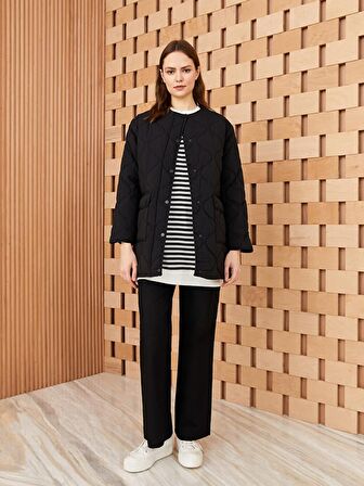 Kadın Bisiklet Yaka Kendinden Desenli Mont