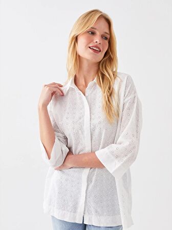 Kendinden Desenli Oversize Brode Kadın Gömlek