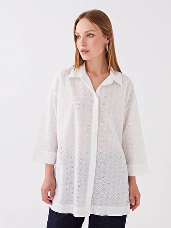 Kendinden Desenli Oversize Brode Kadın Gömlek