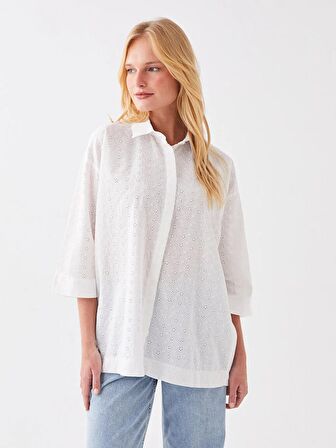 Kendinden Desenli Oversize Brode Kadın Gömlek