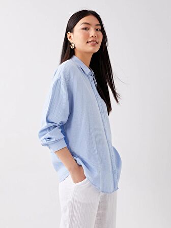 Önden Düğme Kapamalı Düz Uzun Kollu Oversize Müslin Kumaş Kadın Gömlek