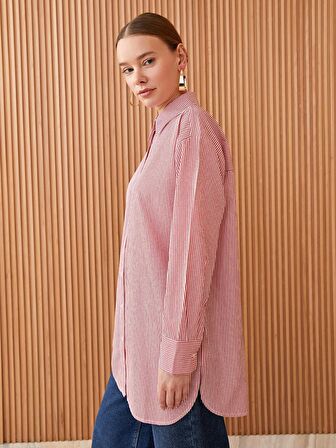 Çizgili Uzun Kollu Poplin Kadın Gömlek Tunik
