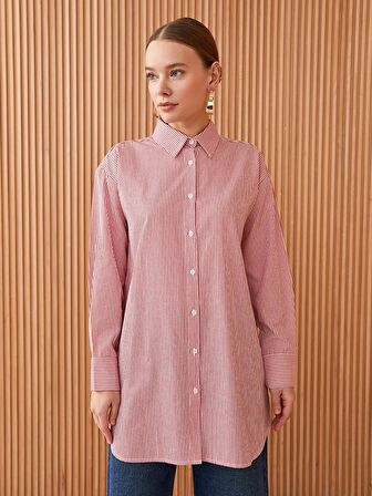 Çizgili Uzun Kollu Poplin Kadın Gömlek Tunik