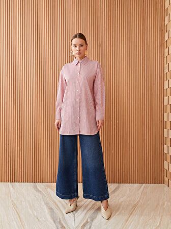 Çizgili Uzun Kollu Poplin Kadın Gömlek Tunik