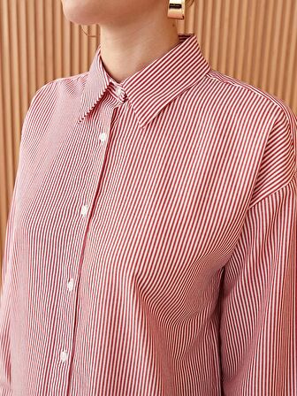 Çizgili Uzun Kollu Poplin Kadın Gömlek Tunik