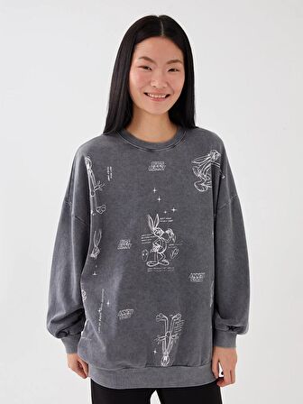 Bisiklet Yaka Bugs Bunny Baskılı Uzun Kollu Oversize Kadın Sweatshirt