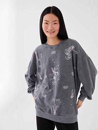 Bisiklet Yaka Bugs Bunny Baskılı Uzun Kollu Oversize Kadın Sweatshirt