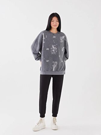 Bisiklet Yaka Bugs Bunny Baskılı Uzun Kollu Oversize Kadın Sweatshirt
