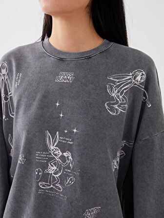 Bisiklet Yaka Bugs Bunny Baskılı Uzun Kollu Oversize Kadın Sweatshirt