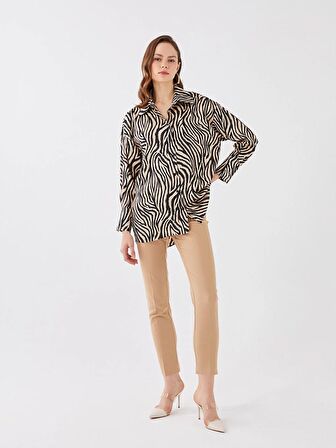 Desenli Uzun Kollu Oversize Saten Kadın Gömlek