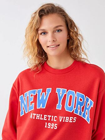 Bisiklet Yaka Baskılı Uzun Kollu Oversize Kadın Sweatshirt