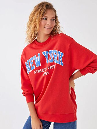 Bisiklet Yaka Baskılı Uzun Kollu Oversize Kadın Sweatshirt