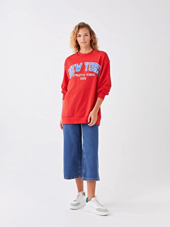 Bisiklet Yaka Baskılı Uzun Kollu Oversize Kadın Sweatshirt