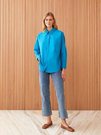 Düz Uzun Kollu Oversize Poplin Kadın Gömlek