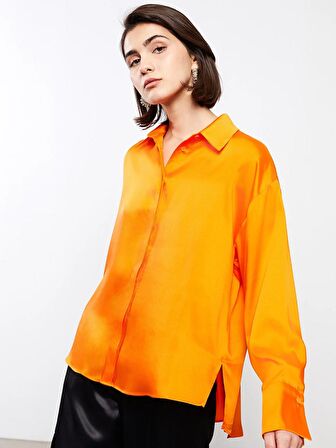 Düz Uzun Kollu Oversize Saten Kadın Gömlek
